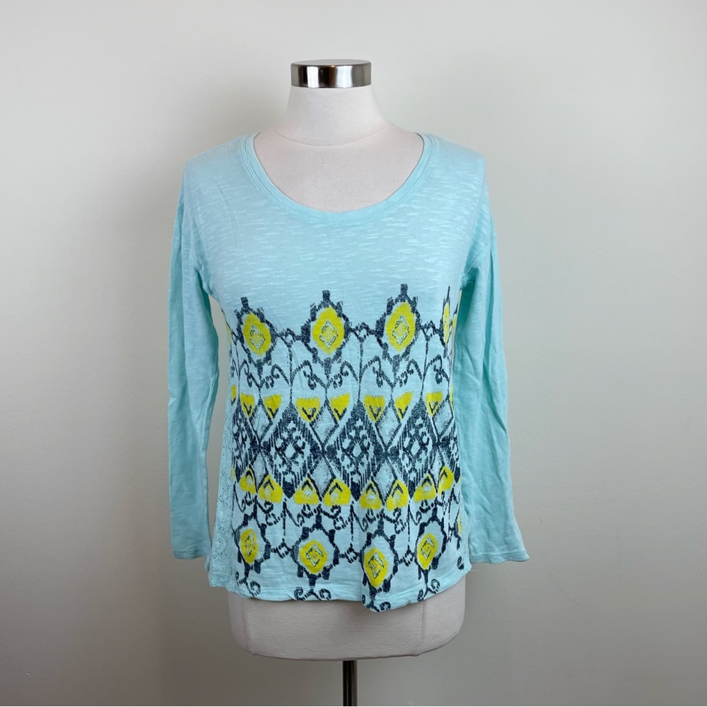 Chip & Pepper Blue Yellow Boho Bohemian Lace Long Sleeve Top Women XS